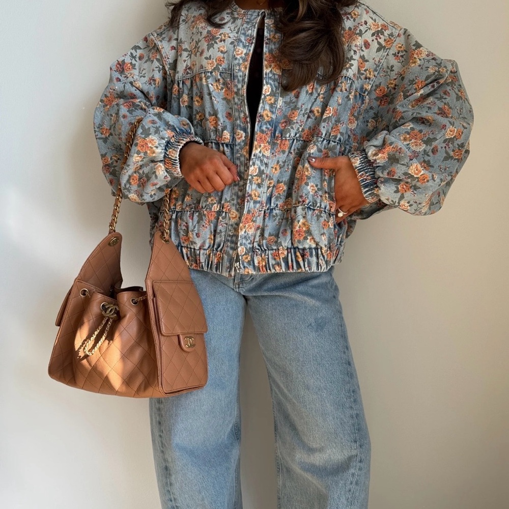 Floral denim bomber jacket
